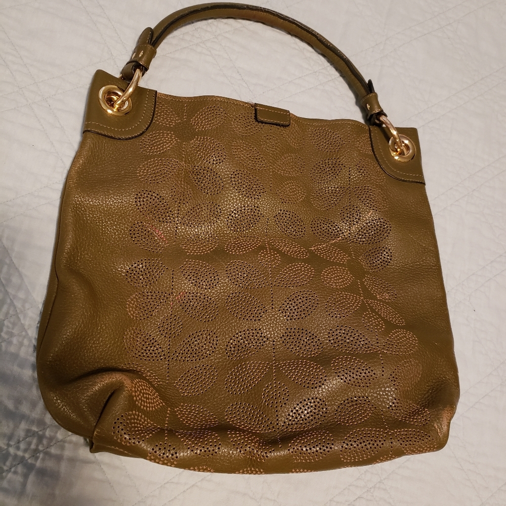 Orla Kiely Punched Leather Olive Burdock Bag
